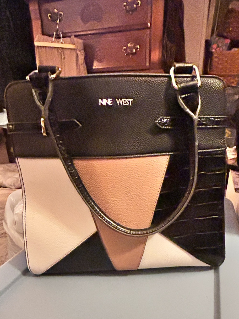 Nine West Colorblock Satchel in Black, White & Tan